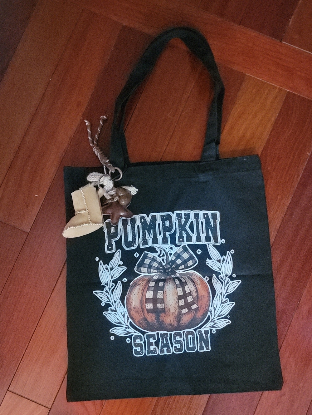 Black Pumpkin Season Canvas Tote Bag With Cozy Boot Keychain